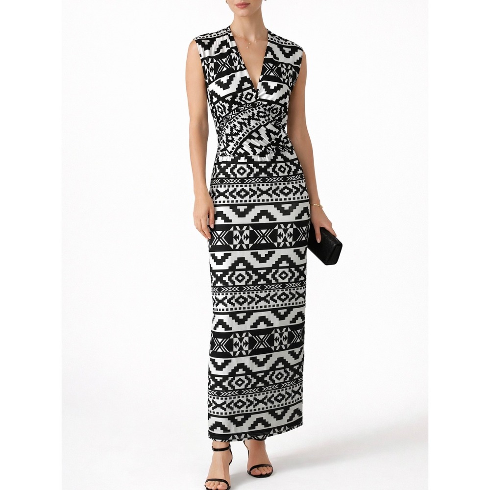 Resort Chic Dress Maxi Size L Black White Geometric Sleeveless Faux Wrap Elegant